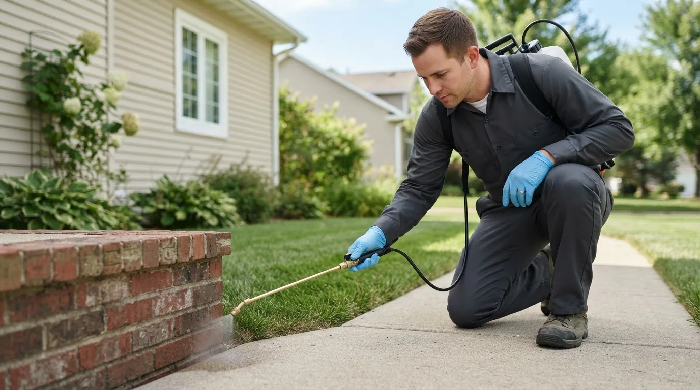 Pest control technician treating a home near Wardensville, WV
